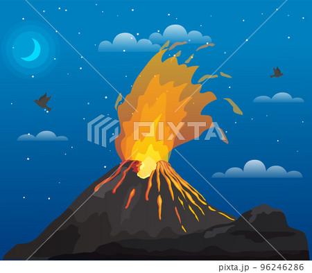 Volcano disaster with burning fire. Volcanic eruption mountain with magma, strong jet of hot lava 96246286