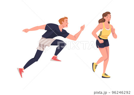 Man and Woman Character Running in Sportswear and Trainers Engaged in Sport Training and Workout Vector Set 96246292