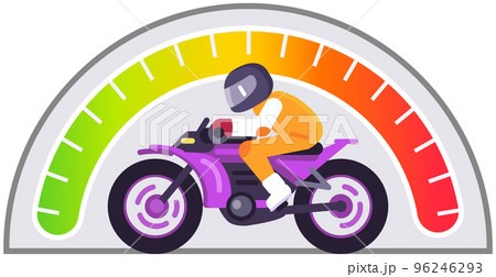 Speedometer and biker on motorbike, car speed control. Tachometer with color sector for measurement 96246293