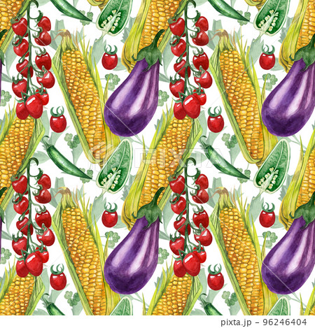 Seamless watercolor pattern of vegetables. Yellow corn, eggplant, greens, cherry tomatoes. All elements are hand-painted in watercolor. Suitable for printing on fabric, paper, scrapbooking 96246404