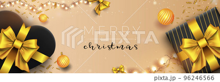 Merry Christmas web banner. Xmas and Happy New Year 2022 holiday celebration poster. Vector illustration with 3d realistic elements. Horizontal christmas poster, background, greeting cards, header. 96246566