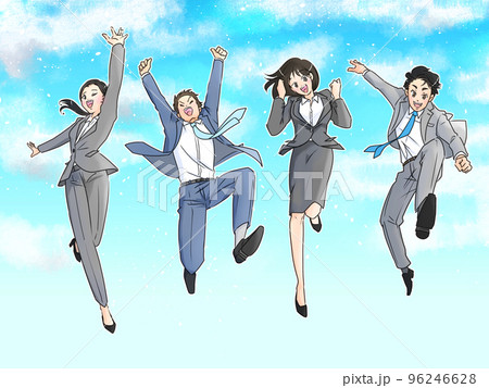 青空を背景にジャンプするスーツ姿の男女のイラスト 96246628