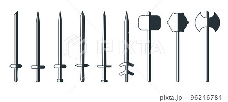 Sword medieval black white cartoon sign set. Hatchet collection symbol. Ax military old simple icon. Long handle isolated hatchet. Antique military design weapon. Fight knight history 96246784