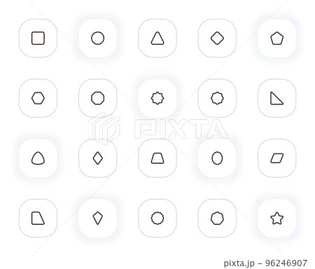 Basic geometrical shapes line icons set. Square, circle, triangle, rhombus, pentagon, star, oval. Vector outline pictograms for web and ui, ux mobile app design. Editable Stroke. 24x24 Pixel Perfect. 96246907