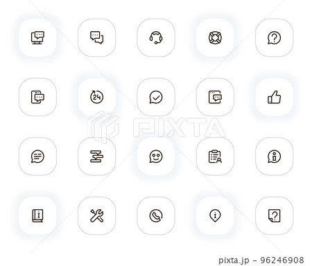 Support, help and question line icons set. Comment, chat, headset, lifebuoy, info, call, service. Vector outline pictograms for web and ui, ux mobile app design. Editable Stroke. 24x24 Pixel Perfect. Support, help and question line icons set. Comment, chat, headset, lifebuoy, info, call, service. Vector outline pictograms for web and ui, ux mobile app design. Editable Stroke. 24x24 Pixel Perfect. 96246908
