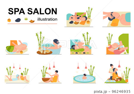 Spa salon concept with people scene set. Women relax and get back or head massage, take bath with flowers, get beauty treatments and skincare, aromatherapy. Vector illustration in flat design for web Spa salon concept with people scene set. Women relax and get back or head massage, take bath with flowers, get beauty treatments and skincare, aromatherapy. Vector illustration in flat design for web 96246935