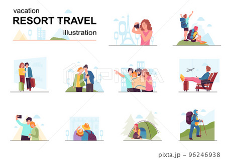 Vacation and travel resort concept with people scene set. Men and women go to other countries with map, sightseeing, taking photos, trekking and camping. Vector illustration in flat design for web 96246938