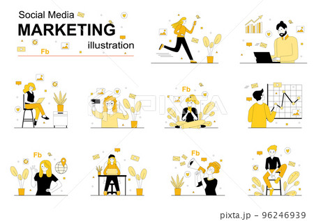 Social media marketing concept with people scene set. Men and women research market, make advertising campaign, attract clients, promote business online. Vector illustration in flat design for web 96246939