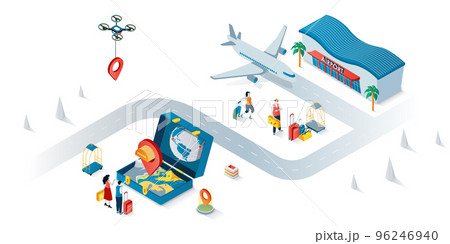 Travel vacation concept 3d isometric web banner. People with luggage go on trip, choosing direction and flying at airplane to global tour. Vector illustration for landing page and web template design 96246940