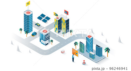 Smart city concept 3d isometric web banner. People use wireless monitoring, security system, smart navigation, eco friendly infrastructure. Vector illustration for landing page and web template design 96246941