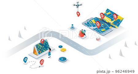 GPS navigation concept 3d isometric web banner. People use online maps and apps with geolocation, online tracking technology for travel. Vector illustration for landing page and web template design 96246949