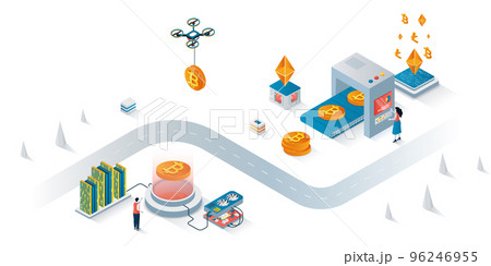 Cryptocurrency mining concept 3d isometric web banner. People earning digital money at mining farms, buy or sell bitcoin at exchange. Vector illustration for landing page and web template design 96246955