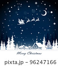 Santa Claus and gifts in sleigh with reindeers pulling the sleigh on village background. 96247166