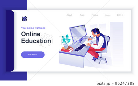 Online education concept 3d isometric web banner with people scene. Student listens to online lecture, studying remotely and e-learning. Vector illustration for landing page and web template design 96247388
