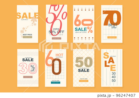 Summer sale template for instagram stories. Vertical promo banners with modern numbers design for discount price signs, flowers and decor elements. Collection layouts for insta story at social network 96247407