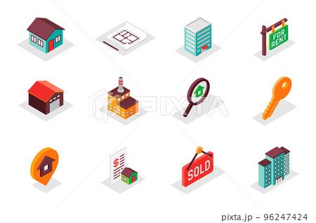 Real estate concept 3d isometric icons set. Pack isometry elements of house, architect blueprint, rent, garage, search, key, location, skyscraper and other. Vector illustration for modern web design 96247424