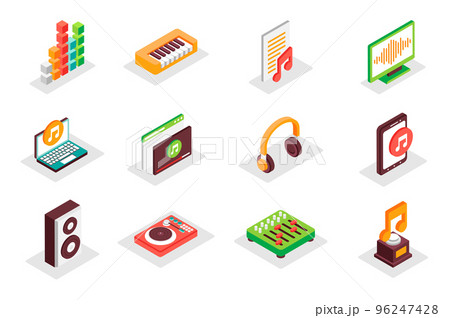Music concept 3d isometric icons set. Pack isometry elements of equalizer, piano, song, volume, audio, video, headphones, musical speaker, mixer and other. Vector illustration for modern web design Music concept 3d isometric icons set. Pack isometry elements of equalizer, piano, song, volume, audio, video, headphones, musical speaker, mixer and other. Vector illustration for modern web design 96247428