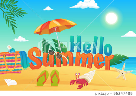 Hello summer background in flat cartoon design. Wallpaper with sea beach, sunglasses, umbrella, bag with sunscreen, crab, slippers and palm leaves. Vector illustration for poster or banner template 96247489