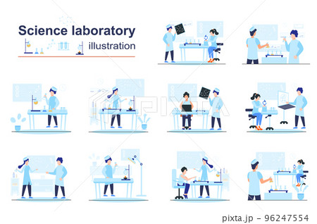 Science laboratory concept scenes seo with tiny people in flat design. Men and women work on lab equipment, do tests and scientific discoveries. Vector illustration visual stories collection for web 96247554