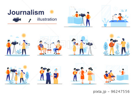 Journalism concept scenes seo with tiny people in flat design. Men and women work on television, recording TV shows, breaking news and news media. Vector illustration visual stories collection for web 96247556