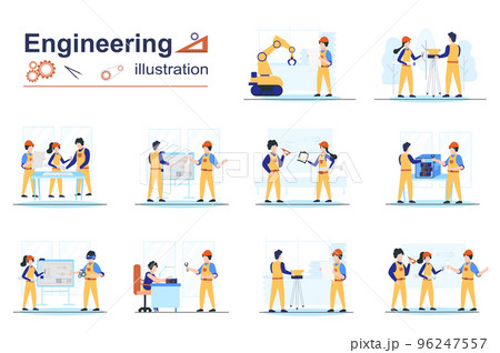 Engineering concept scenes seo with tiny people in flat design. Men and women in helmets working as architect and surveyor, drawing blueprints. Vector illustration visual stories collection for web 96247557