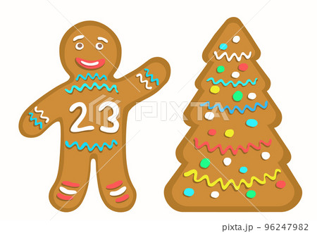 Gingerbread man with the number 23 denoting New Year 2023. Cookie stylized Christmas tree. Gingerbread man with the number 23 denoting New Year 2023. Cookie stylized Christmas tree. 96247982