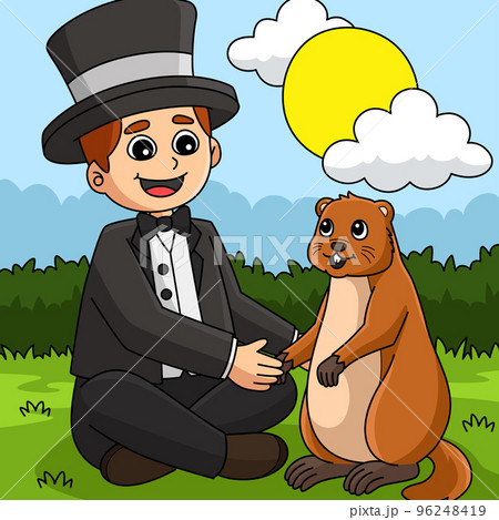 Man Holding Groundhog Colored Cartoon Illustration 96248419