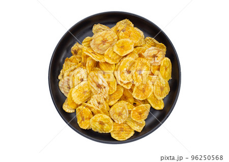Banana slice chips on white background. 96250568
