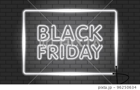 Neon dark web banner for Black Friday sale. Modern neon black and white billboard on brick wall. Concept of advertising for seasonal offer with glowing neon text 96250634