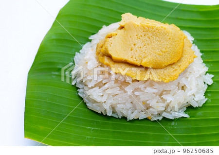 Thai dessert, Sweet sticky rice with egg custard Thai dessert, Sweet sticky rice with egg custard 96250685
