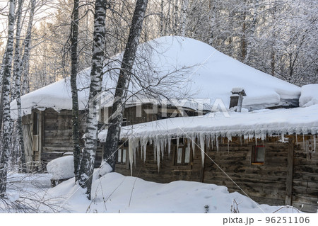 An old wooden house and stable with icicles on the roof in a birch snow-covered forest in winter An old wooden house and stable with icicles on the roof in a birch snow-covered forest in winter 96251106