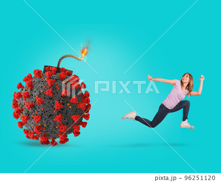 Coronavirus covid-19 ready to explode like a bomb. Concept of dangerousness. cyan background 96251120