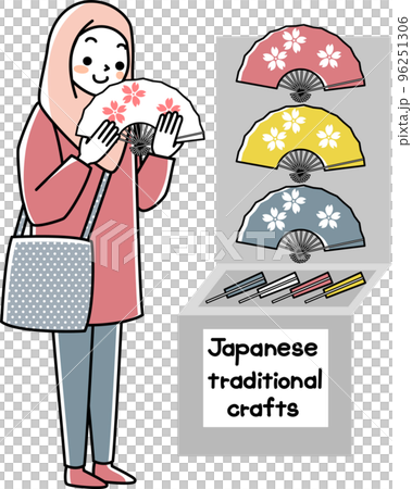 日本でお土産を選ぶアジア系外国人観光客の女性のイラスト素材