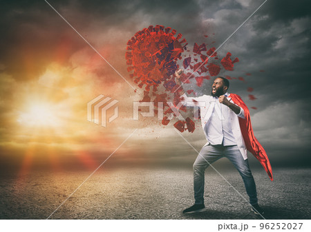 Super hero doctor with red cloak wins against viruses 96252027