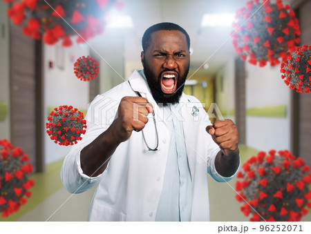 Brave medic fight against covid-19 coronavirus. Blue background Brave medic fight against covid-19 coronavirus. Blue background 96252071