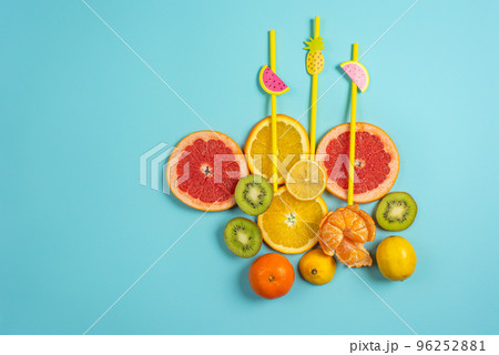 Composition of citrus fruit, orange and lemon on yellow background Composition of citrus fruit, orange and lemon on yellow background 96252881