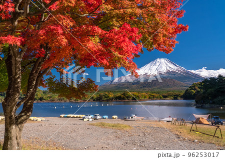 写真素材: 《山梨県》秋の富士山・精進湖湖畔の紅葉 写真素材: 《山梨県》秋の富士山・精進湖湖畔の紅葉 96253017