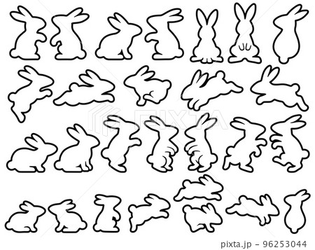 輪郭線つきの白ウサギのシルエットイラストセット 96253044