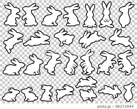 輪郭線つきの白ウサギのシルエットイラストセット 96253044