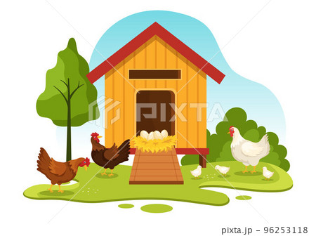 Poultry Farming with Farmer, Cage, Chicken and Egg Farm on Green Field Background View in Hand Drawn Cute Cartoon Template Illustration Poultry Farming with Farmer, Cage, Chicken and Egg Farm on Green Field Background View in Hand Drawn Cute Cartoon Template Illustration 96253118