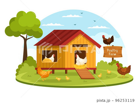 Poultry Farming with Farmer, Cage, Chicken and Egg Farm on Green Field Background View in Hand Drawn Cute Cartoon Template Illustration Poultry Farming with Farmer, Cage, Chicken and Egg Farm on Green Field Background View in Hand Drawn Cute Cartoon Template Illustration 96253119