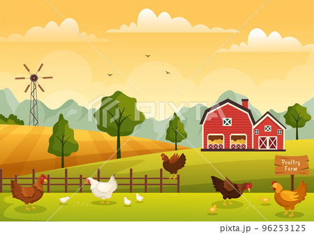 Poultry Farming with Farmer, Cage, Chicken and Egg Farm on Green Field Background View in Hand Drawn Cute Cartoon Template Illustration Poultry Farming with Farmer, Cage, Chicken and Egg Farm on Green Field Background View in Hand Drawn Cute Cartoon Template Illustration 96253125