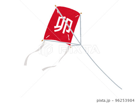 赤い「卯」入り角凧のイラスト（版画風） 96253984