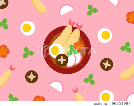 かわいい麺類s＿年越し蕎麦天ぷら蕎麦＿背景ピンク 96253997