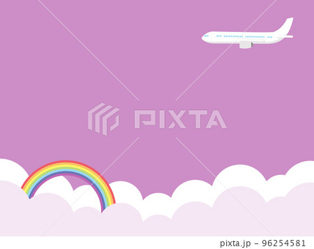 飛行機と入道雲と虹のイラスト_背景紫 飛行機と入道雲と虹のイラスト_背景紫 96254581