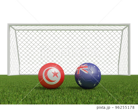 Footballs in flags colors on soccer field . Iran with USA. 3d rendering Footballs in flags colors on soccer field . Iran with USA. 3d rendering 96255178