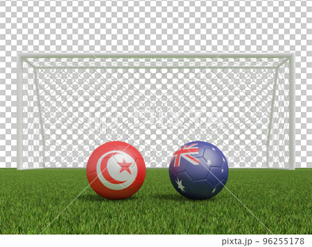 Footballs in flags colors on soccer field . Iran with USA. 3d rendering Footballs in flags colors on soccer field . Iran with USA. 3d rendering 96255178