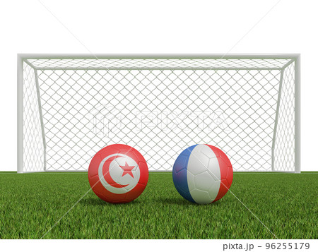 Footballs in flags colors on  soccer field . Iran with USA. 3d rendering 96255179