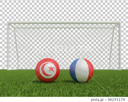 Footballs in flags colors on  soccer field . Iran with USA. 3d rendering 96255179