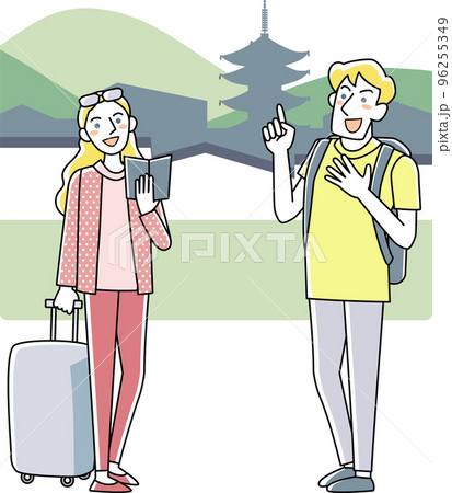 ガイドブックを手に古都を旅する外国人観光客の男女 ガイドブックを手に古都を旅する外国人観光客の男女 96255349